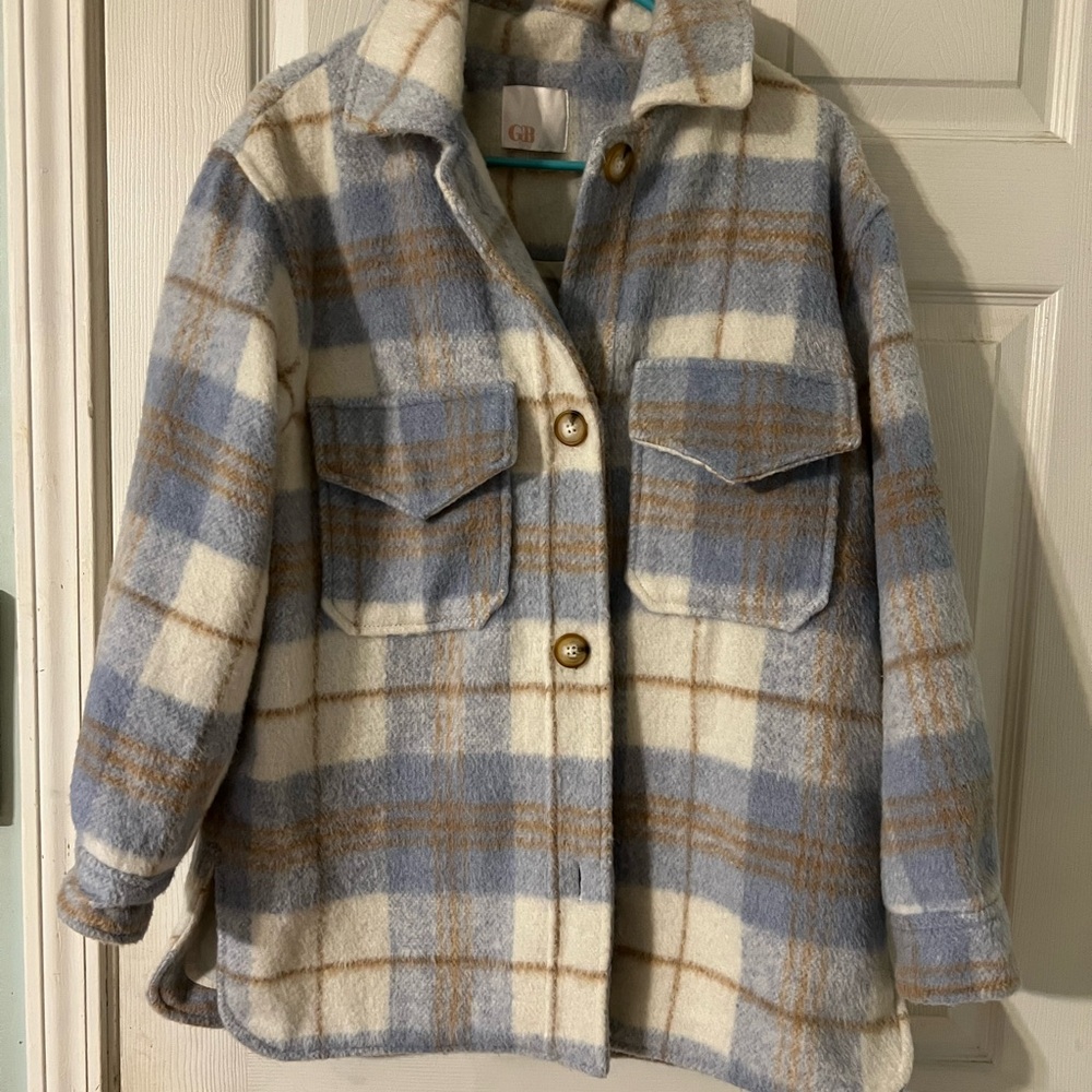 Gianni Bini Blue and Cream Plaid Jacket. Size Small. Oversized.